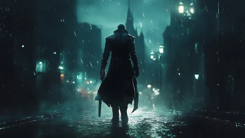 Lone cloaked wanderer strides through a rain soaked city night
