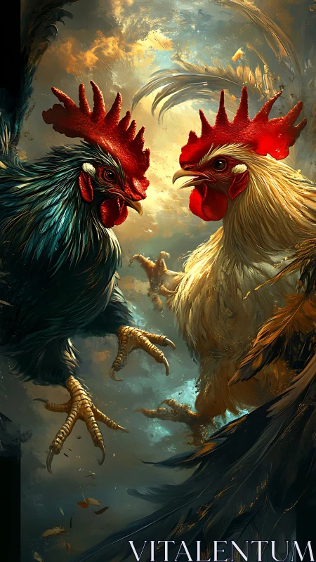 Two Roosters in Confrontation Against Golden Atmospheric Background
