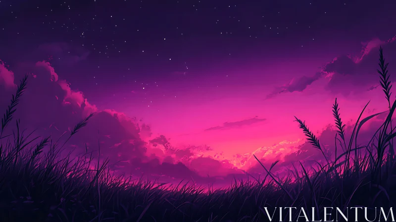 Neon dusk meadow under starry violet twilight sky.