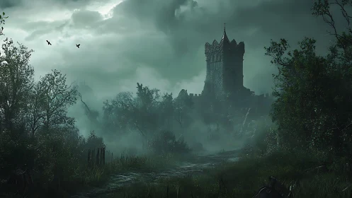 Stone fortress tower rises over misty forest path at dusk