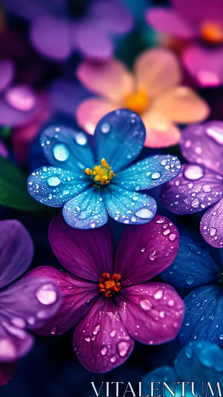 Vibrant Macro Flowers with Water Droplets and Neon Colors.