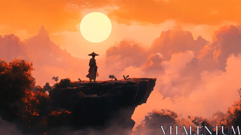 Figure stands on cliff edge before low sun in orange sky