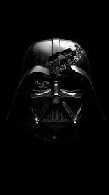 Damaged black sci‑fi helmet rendered on dark background.