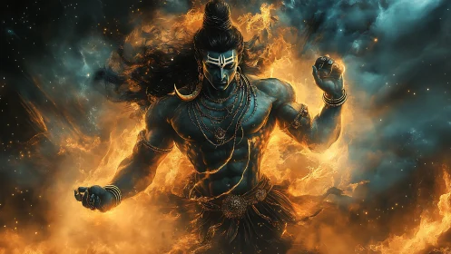 Mythic fire deity in dynamic celestial digital painting.