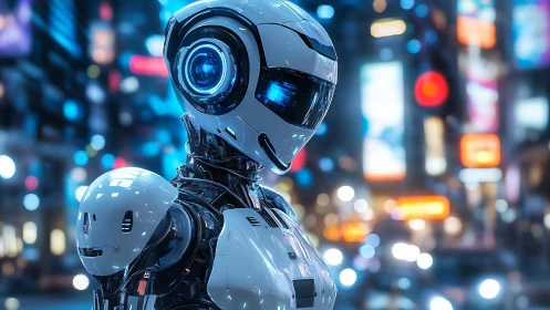 Futuristic white humanoid robot in neon city night scene.