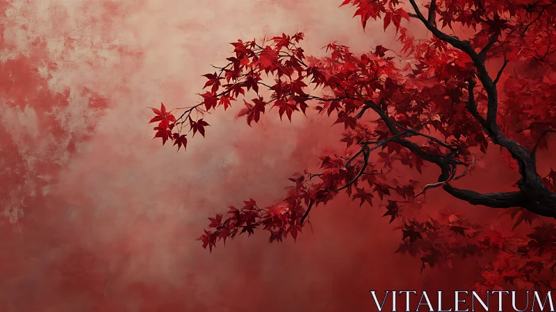 Crimson maple branches drifting over a soft painted sky.