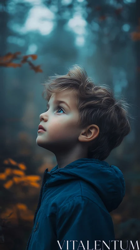 Young Boy in Blue Jacket, Upward Gaze in Misty Forest.
