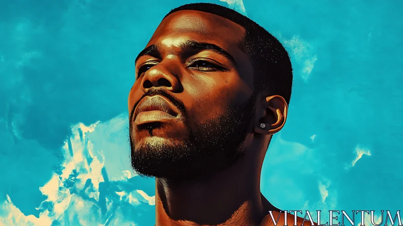 Digital portrait of man against vivid turquoise sky.