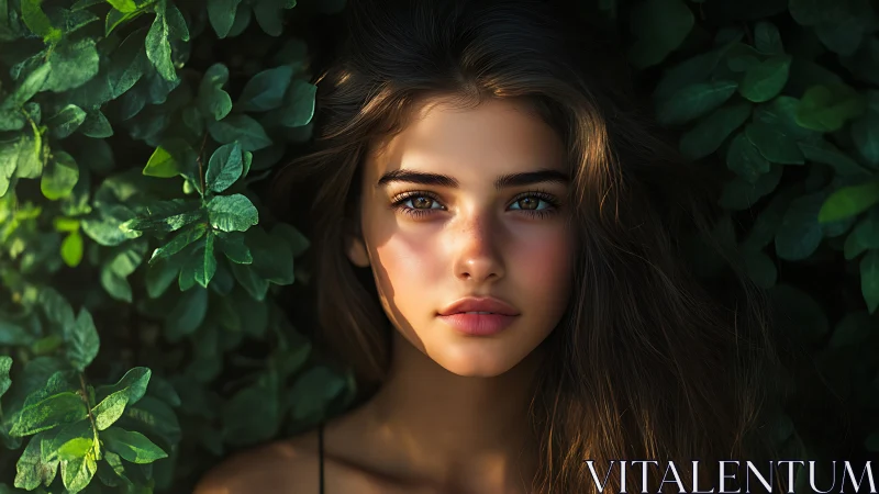 Sunlit portrait of a serene young woman framed by foliage