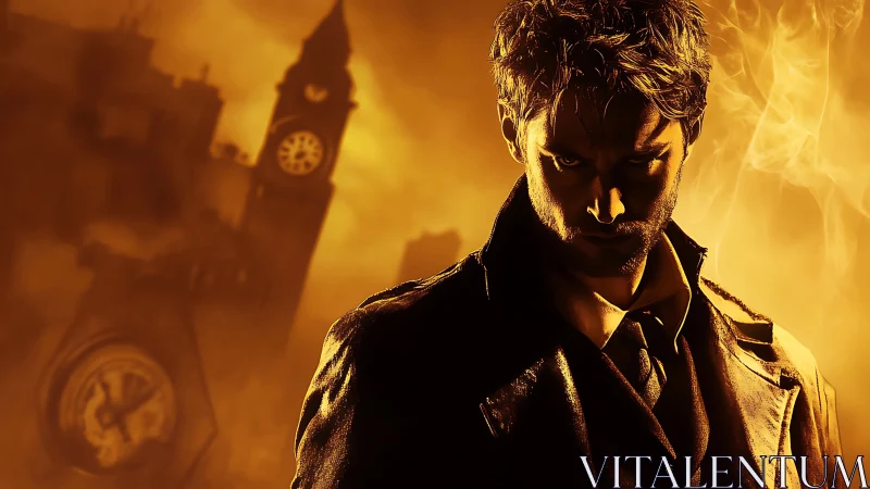 Brooding man in coat against smoky clocktower cityscape.