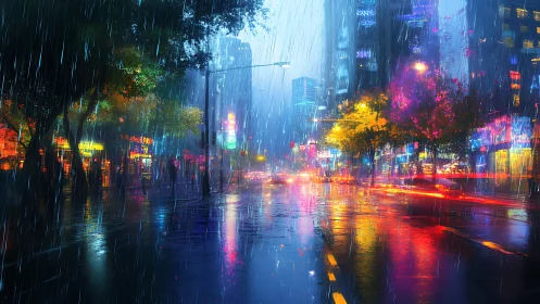 Neon lit city street in heavy rain at night scene.