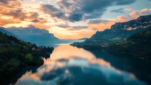 Sunrise light reflects across tranquil alpine lake valley