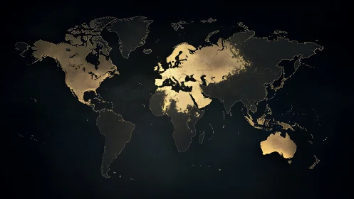 Metallic world map silhouette shows continents on dark field