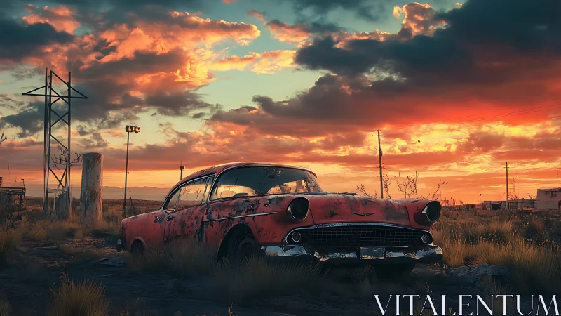 Rusting vintage car in overgrown roadside lot at sunset.