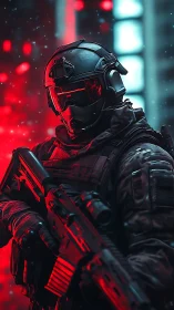 Heavily armed futuristic soldier in red and teal light.