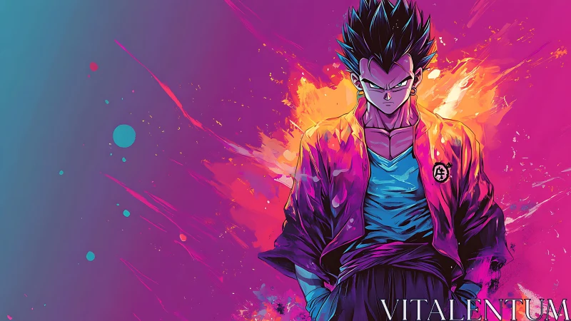 Anime warrior portrait with neon splash gradient background.