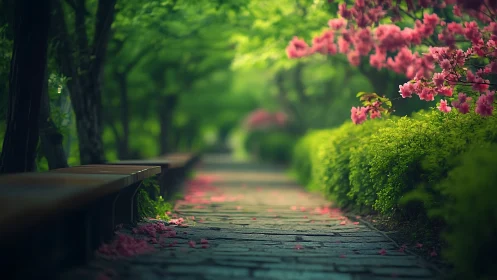 Tree lined garden path with pink blossoms and benches.