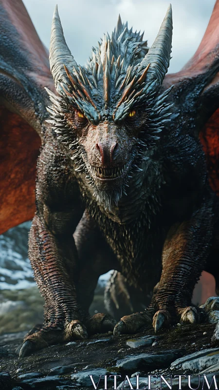 Hyperreal draconic predator in frontal cinematic stance.
