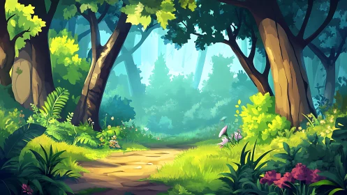 Stylized forest landscape with layered vegetation and atmospheric depth rendering