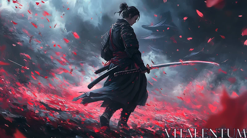 Samurai in crimson storm, dynamic digital battle tableau.