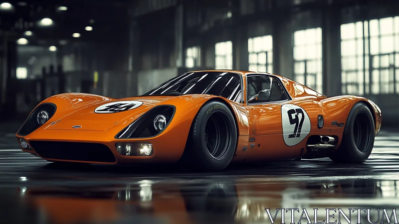 Aerodynamic orange endurance racer under diffuse hangar lighting.