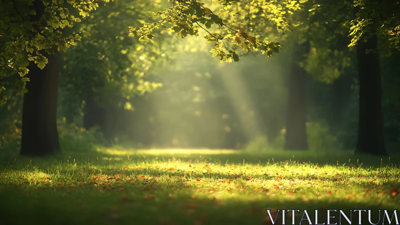Sunlit forest path with trees and soft morning light.