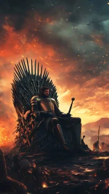 Armored warlord enthroned on spiked blades amid inferno skies.
