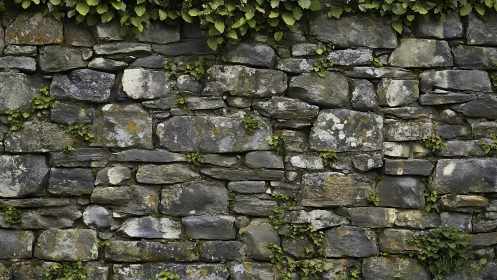Weathered stone garden wall quietly wrapped in soft greenery
