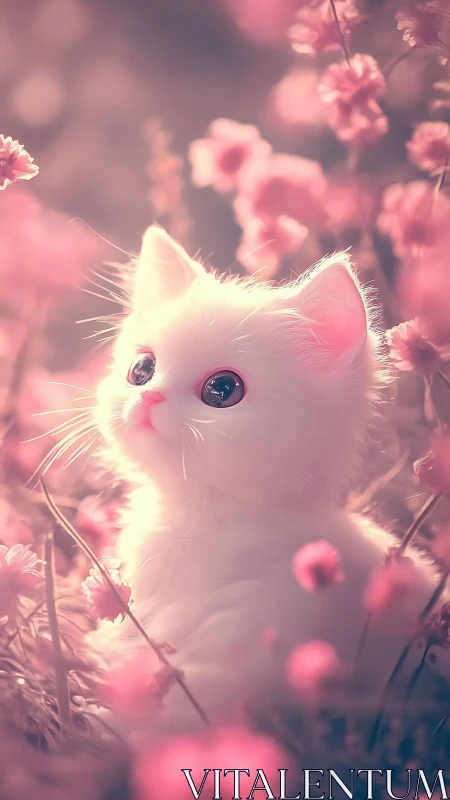 White Cat Surrounded by Pink Blossoms and Soft Light
