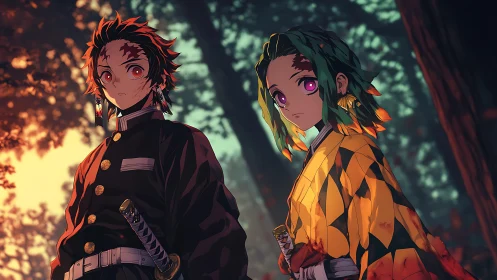 Twin blade bearers at emberlit forest edge, quietly unyielding.