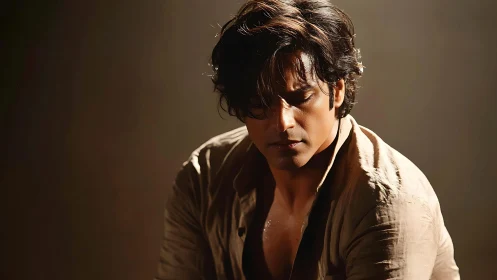 Brooding man in warm cinematic light conveys quiet intensity