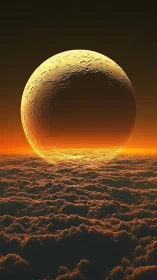 Golden cratered planet rising above dense cloud sea.