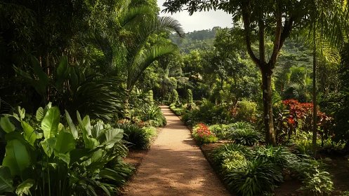 Tropical garden path under soft daylight with lush foliage