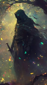 Mysterious hooded wanderer glowing in an enchanted forest.