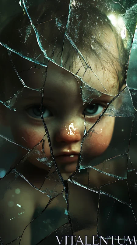 Child&rsquo;s face is viewed through fractured reflective glass surface
