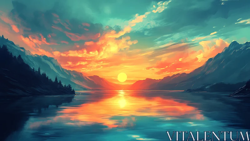 Sunset illuminates tranquil mountain lake with vivid reflections