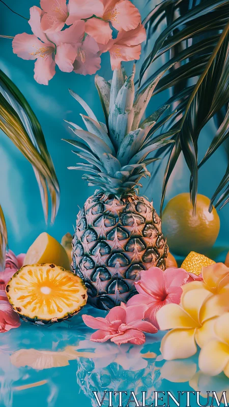 Pineapple stands among sliced citrus and tropical flowers