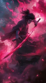 Dark swordsman wields glowing crimson blade amid swirling fire