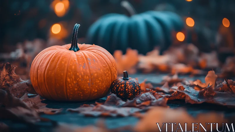 Three pumpkins on autumn leaves with soft defocused lights.