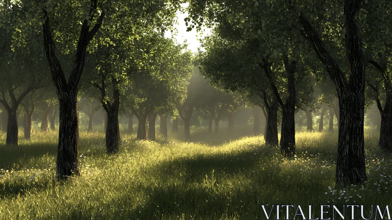 Tree grove with sunlit grass and diffuse morning mist.