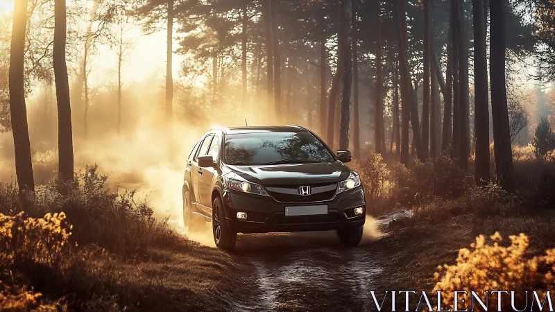 Black Honda SUV on forest dirt track in low sun haze.