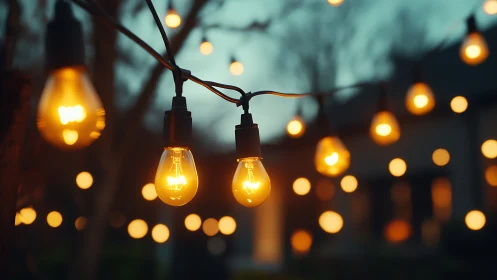 Warm patio string lights glow softly at blue dusk.
