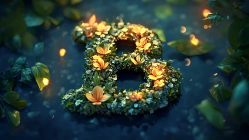 Glowing floral number eight rests in dreamy forest pool.