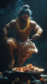 Divine warrior-chef stirs sacred sweets in smoky light