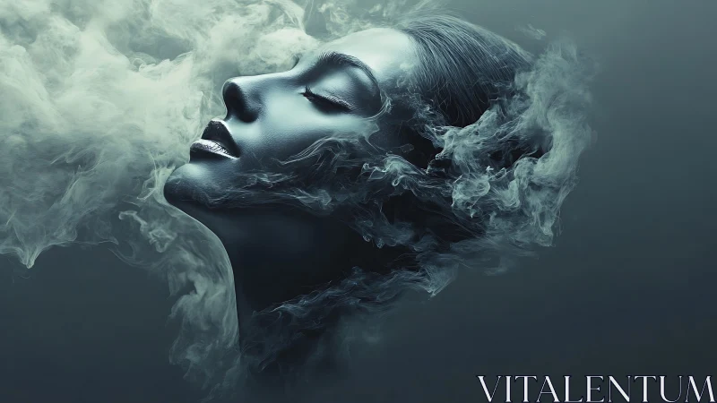 Monochrome female profile dissolves into volumetric smoke gradients