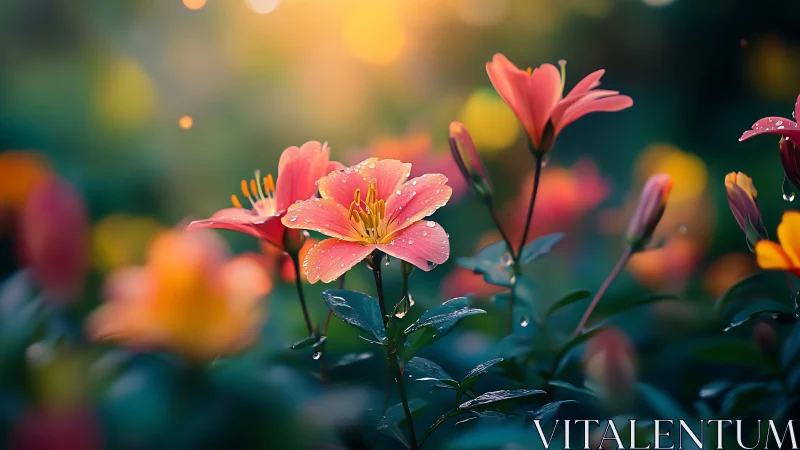 Pink Trumpet Flowers with Dew Drops, Macro Botanical Close-up.