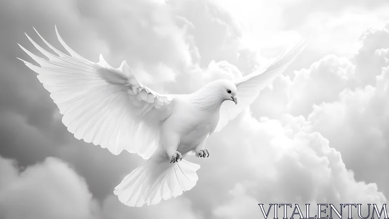White dove flies with spread wings against soft clouds
