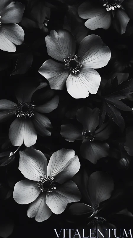 Black and white floral composition with anemone blooms.