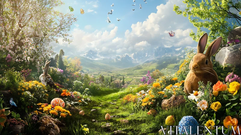 Spring meadow rabbits among flowers, eggs and mountains.
