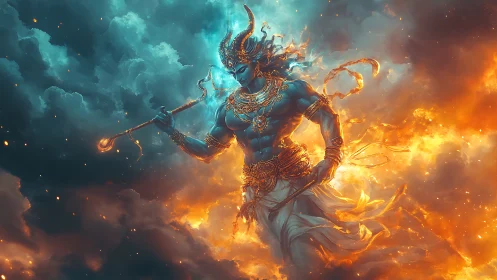 Mythic blue deity rendered in high-energy dual-tone elemental storm